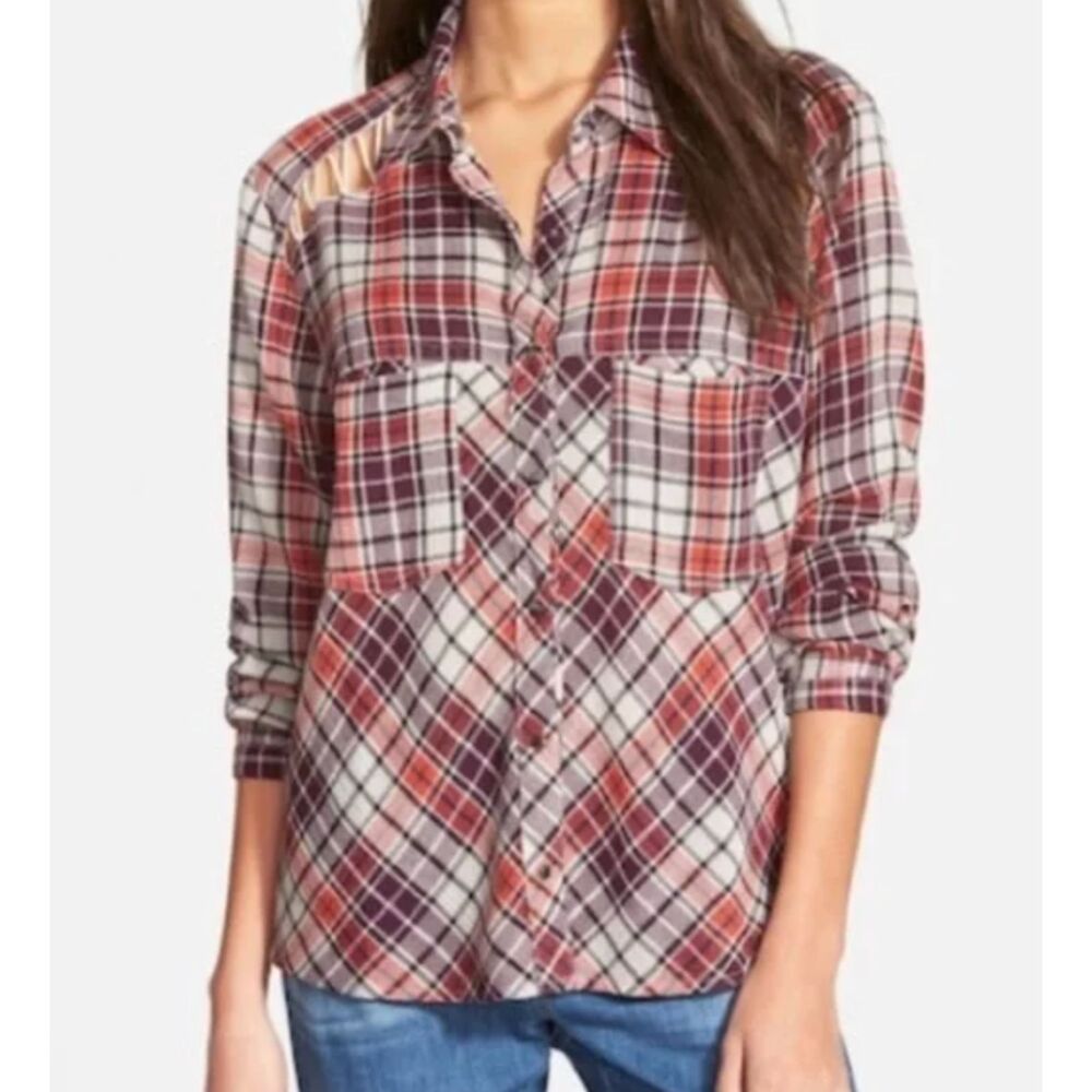 Women Free People Stitch Detail Plaid Long Sleeve Shirt in Red Size Small